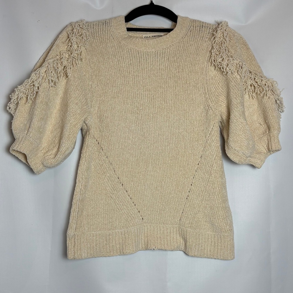 Ulla Johnson Silk Cotton‎ Ribbed Puff Sleeve Fringe Sweater Ivory Cream Size S